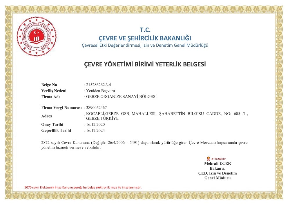 GOSB’a çevre yeterlilik belgesi GOSB’a çevre yeterlilik belgesi