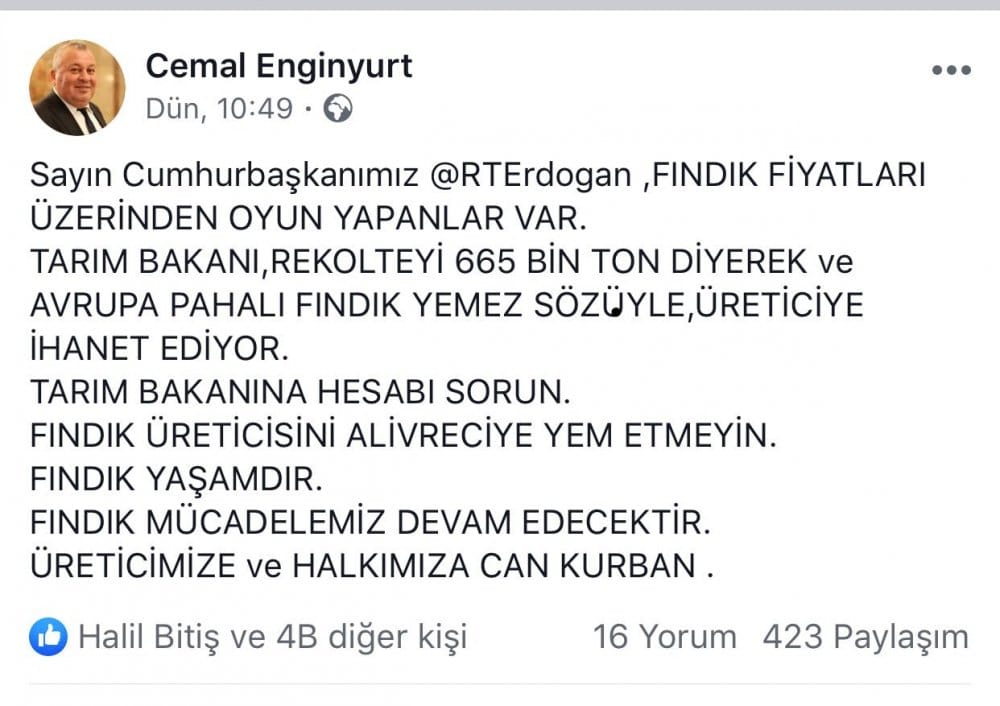 Fındık üzerinde oynan oyunlar ve Ordu Milletvekilinin açıklamaları