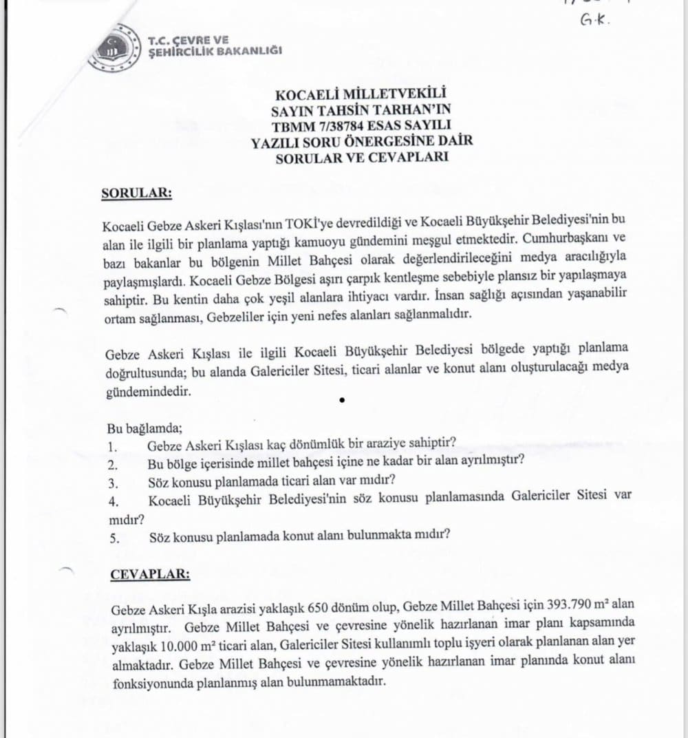 Gebze Millet Bahçesi'ne Galericiler Sitesi Yapılmamalı