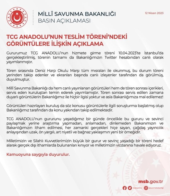 MSB’den TCG Anadolu’nun teslim törenindeki görüntülere ilişkin açıklama
