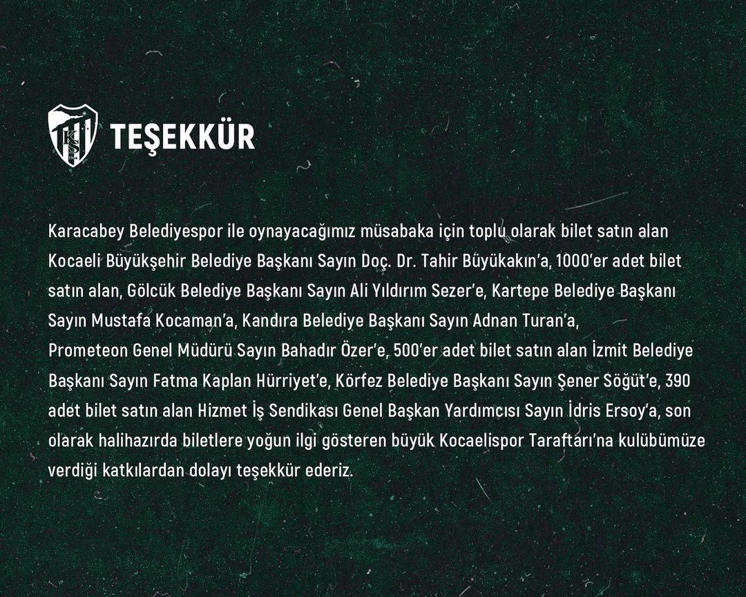 Kocaelispor'dan Teşekkür Kocaelispor'dan Teşekkür