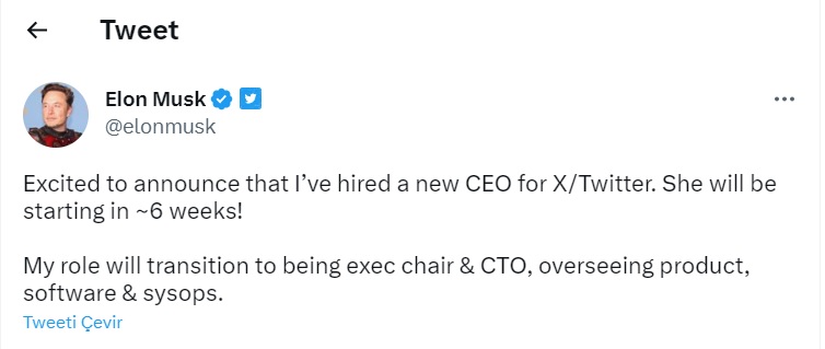 Twitter'a Yeni CEO, Musk CEO'luğu Bırakıyor Twitter'a Yeni CEO, Musk CEO'luğu Bırakıyor