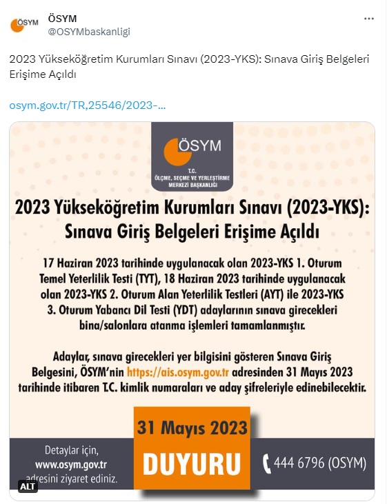 2023 YKS Sınava Giriş Belgeleri Erişime Açıldı 2023 YKS Sınava Giriş Belgeleri Erişime Açıldı