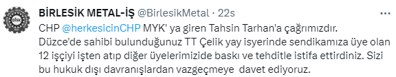 Birleşik Metal-İş Sendikası'nda Tahsin Tarhan'a: "Hukuk dışı davranışlardan vazgeçmeye davet ediyoruz” Birleşik Metal-İş Sendikası'nda Tahsin Tarhan'a: "Hukuk dışı davranışlardan vazgeçmeye davet ediyoruz”