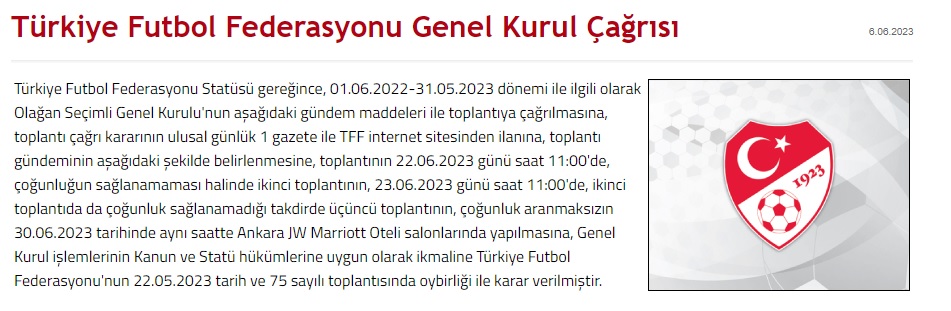 TFF Olağan Seçimli Genel Kurul Toplantısının Tarihi Belli Oldu TFF Olağan Seçimli Genel Kurul Toplantısının Tarihi Belli Oldu