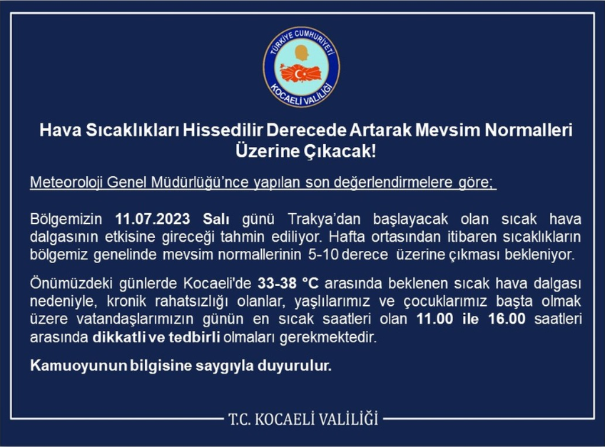 Kocaeli Valiliği'nden uyarı: Dikkat! Önümüzdeki günlerde...