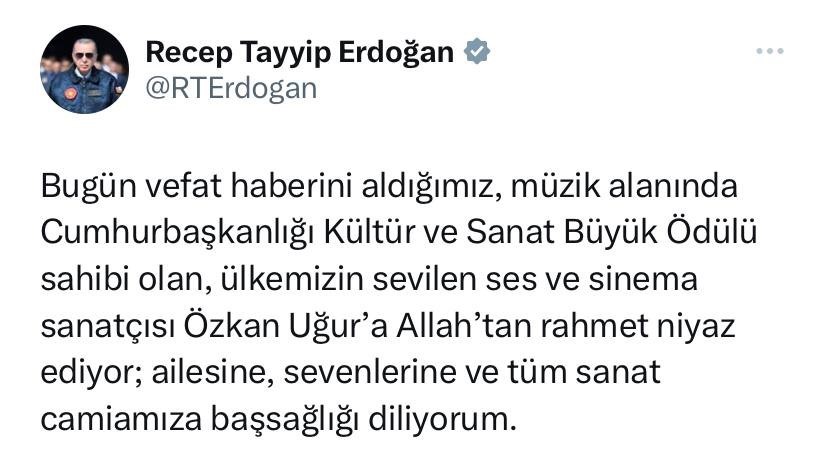Cumhurbaşkanı Erdoğan’dan Özkan Uğur için başsağlığı mesajı Cumhurbaşkanı Erdoğan’dan Özkan Uğur için başsağlığı mesajı