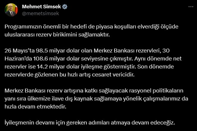 Bakan Şimşek: “Bir aylık dönemde Merkez Bankası rezervleri 10 milyar dolar arttı” Bakan Şimşek: “Bir aylık dönemde Merkez Bankası rezervleri 10 milyar dolar arttı”