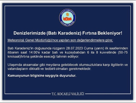 Kocaeli Valiliği'nden fırtına uyarısı! Kocaeli Valiliği'nden fırtına uyarısı!