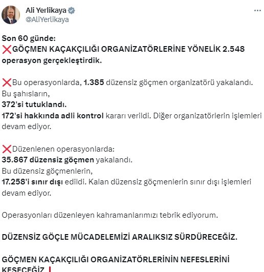 Bakan Yerlikaya: “Bin 385 düzensiz göçmen organizatörü yakalandı”