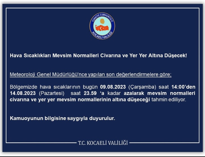 Kocaeli Valiliği uyardı! Hava sıcaklıkları azalacak Kocaeli Valiliği uyardı! Hava sıcaklıkları azalacak