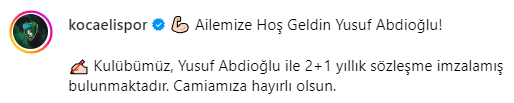 Kocaelispor Yusuf Abdioğlu'nu transfer etti! Kocaelispor Yusuf Abdioğlu'nu transfer etti!