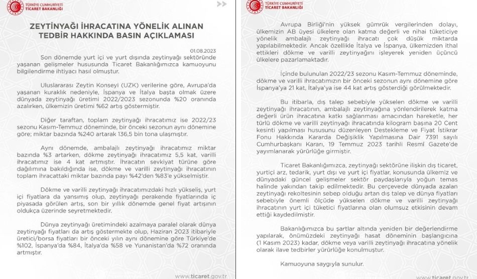 Zeytinyağı ihracatına 3 aylık yasak geldi!