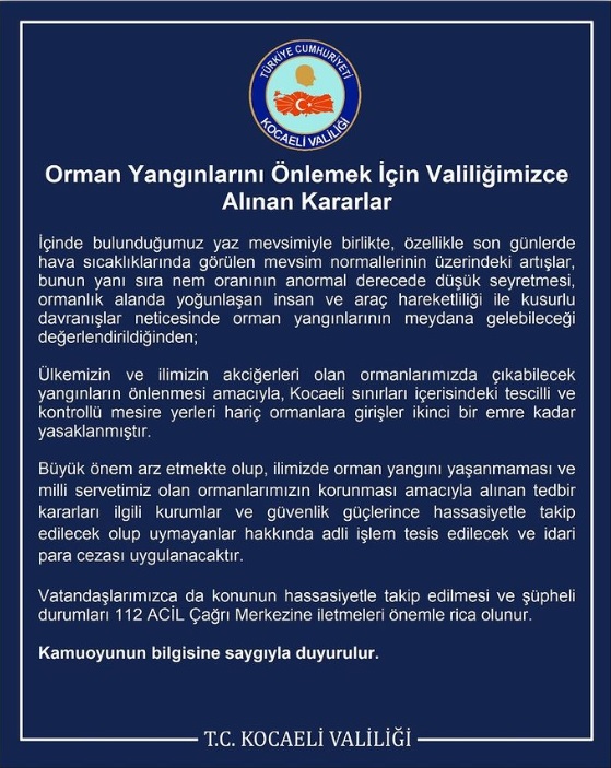 Valilik duyurdu! Kocaeli’de ormanlara girmek yasaklandı