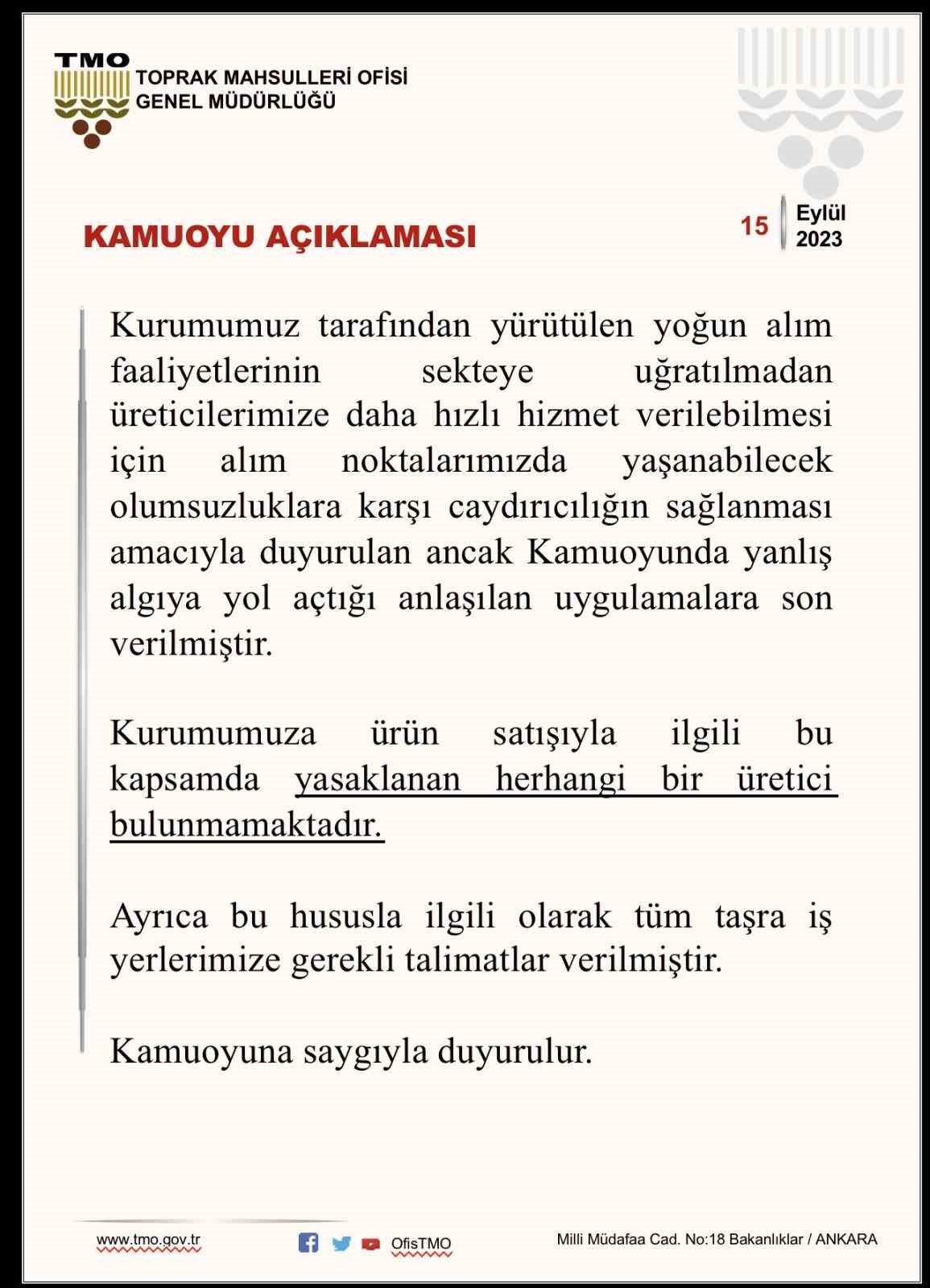 TMO, ’yasaklı üretici’ uygulamasına son verdi
