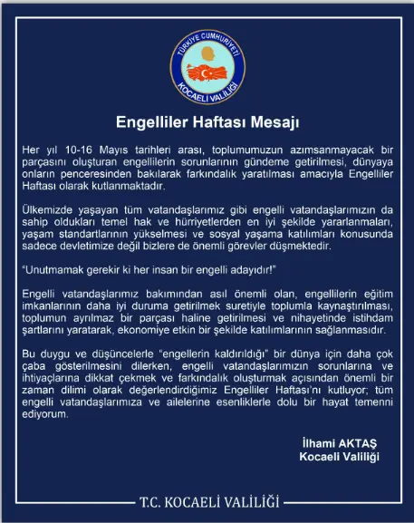 Vali Aktaş’tan Engelliler Haftası Mesajı Vali Aktaş’tan Engelliler Haftası Mesajı