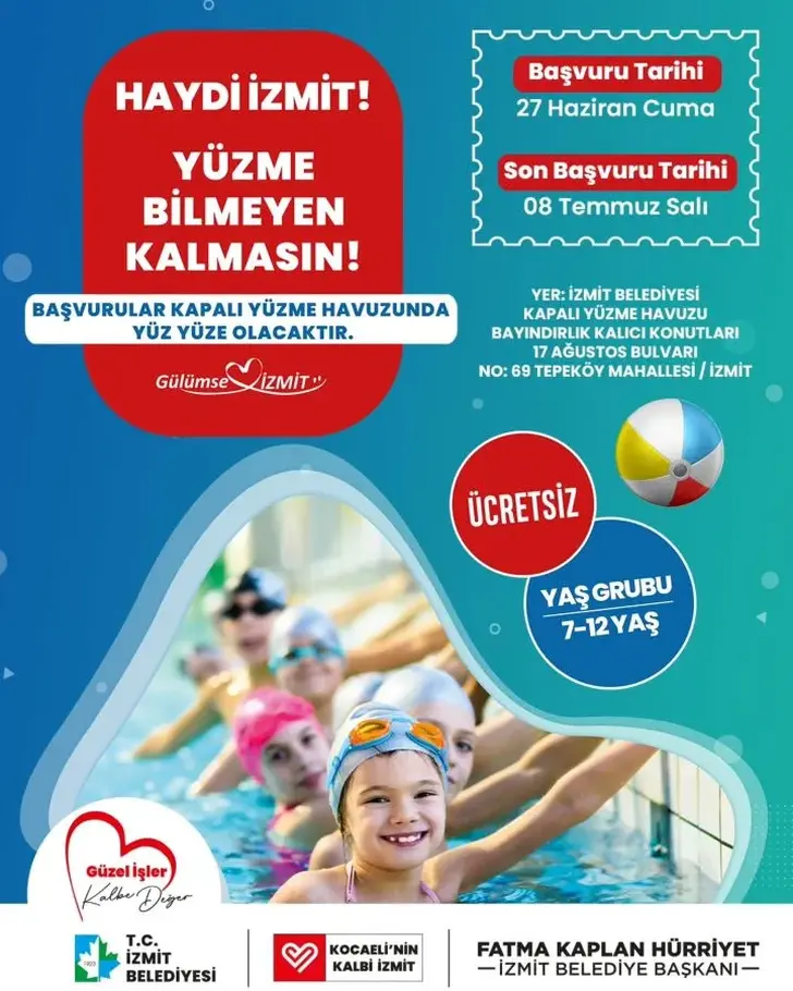 İZMİT BELEDİYESİ’NDEN ÇOCUKLARA ÜCRETSİZ YÜZME EĞİTİMİ: SON BAŞVURU 8 TEMMUZ