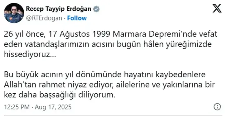 Cumhurbaşkanı Erdoğan’dan 17 Ağustos mesajı
