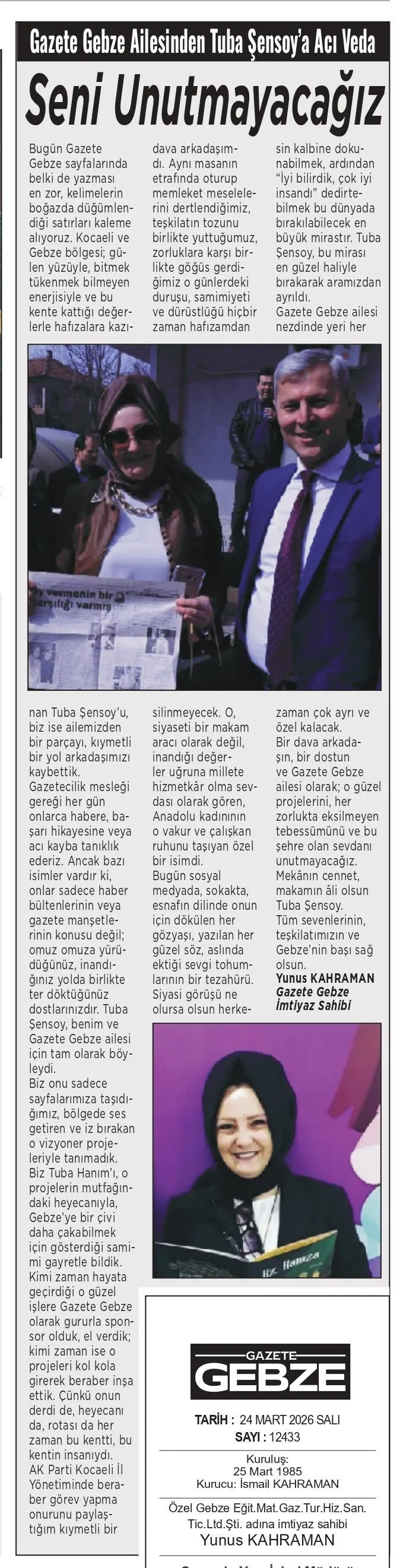 Gazete Gebze Ailesinden Tuba Şensoy’a Acı Veda