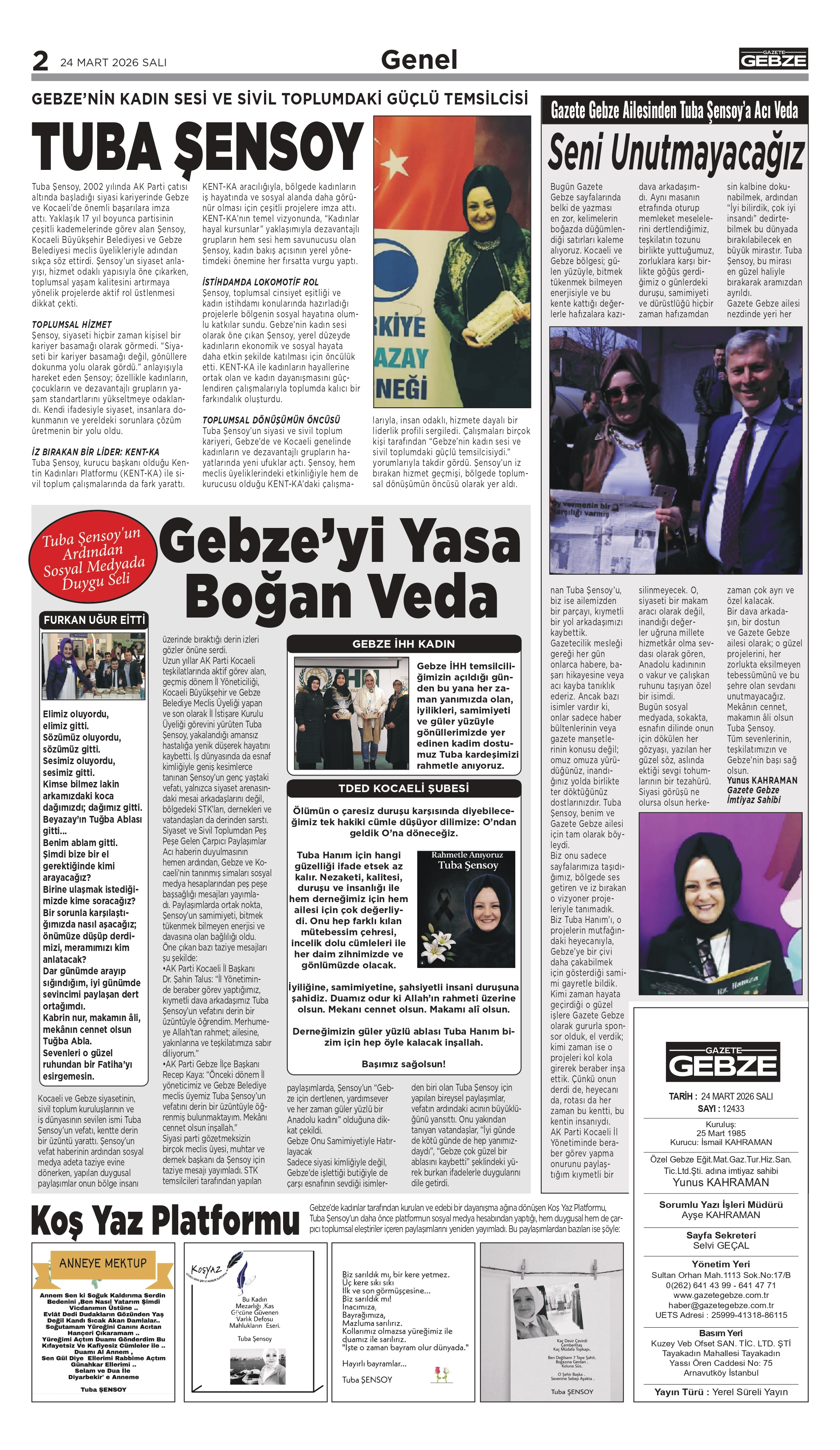 GEBZE’NİN KADIN SESİ VE SİVİL TOPLUMDAKİ GÜÇLÜ TEMSİLCİSİ TUBA ŞENSOY