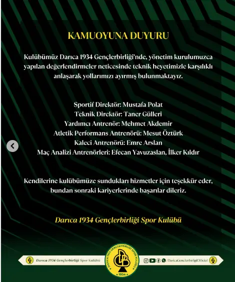 DARICA 1934 GENÇLERBİRLİĞİ’NDE YAPRAK DÖKÜMÜ