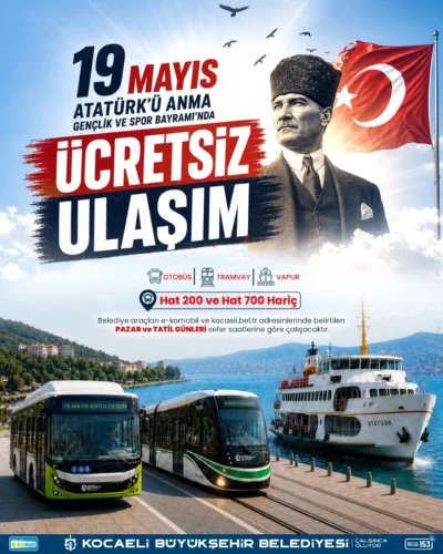 Kocaeli’de 19 Mayıs’ta Toplu Taşıma Ücretsiz: Otobüs, Tramvay ve Deniz Seferleri
