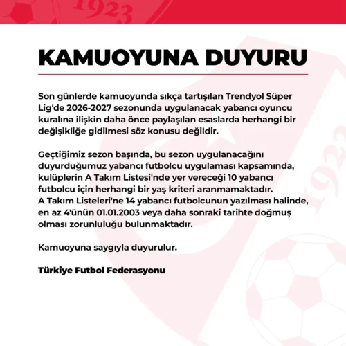 TFF: 2026-2027 Yabancı Kuralında Değişiklik Yok, 10+4 Devam