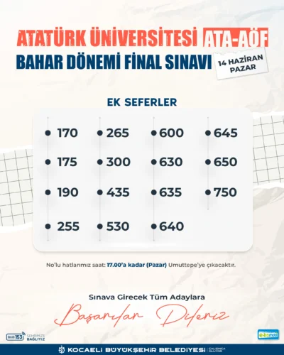 Kocaeli ATA-AÖF Sınavları: Umuttepe’ye 15 Ek Otobüs Seferi
