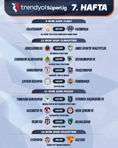 Trendyol Süper Lig 7-16. Hafta Fikstürü Açıklandı: Galatasaray-Fenerbahçe ve Beşiktaş-Galatasaray Derbi Tarihleri
