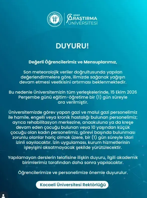 Kocaeli Üniversitesi’nde 15 Ekim’de dersler yağmur nedeniyle iptal