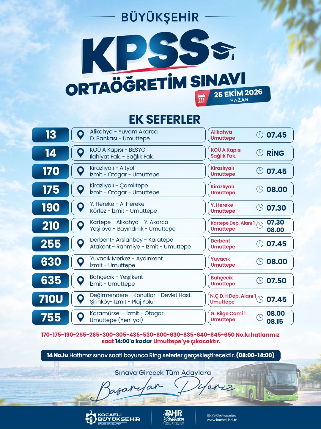 Kocaeli’den KPSS Adaylarına Sınav Günü Ulaşım Kolaylığı