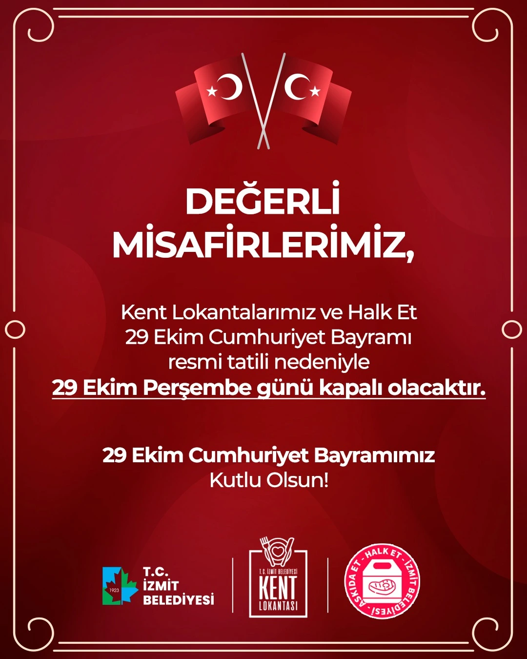 İzmit’te Cumhuriyet Bayramı’nda Kent Lokantaları ve Halk Et Kapalı