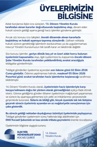EMO KOCAELİ ŞUBESİ’NDEN AİDAT BORCU OLAN ÜYELERE İCRA VE HACİZ UYARISI